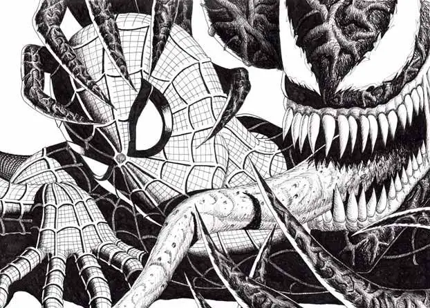 Spider-Man vs Venom ink drawing