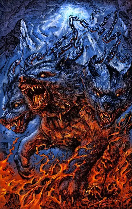 cerberus drawing in orange and blue