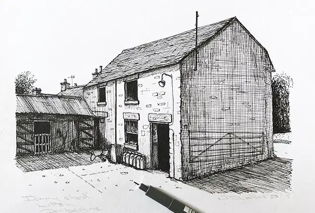 pen and ink barn drawing