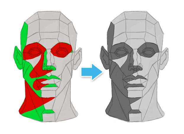 combining cast and form shadows on asaro head