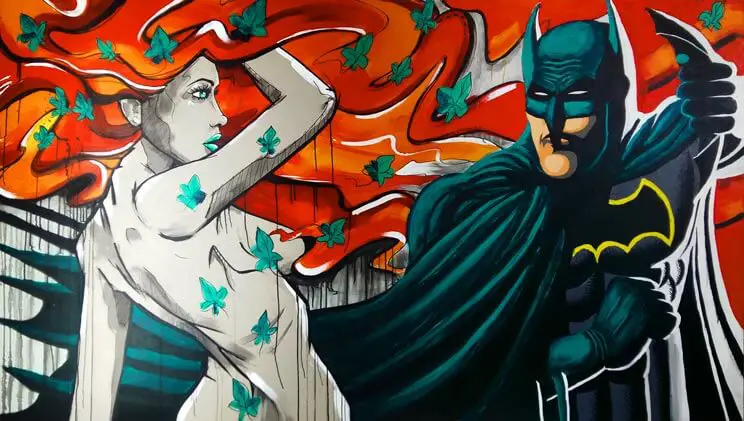 street painting of poison ivy and batman