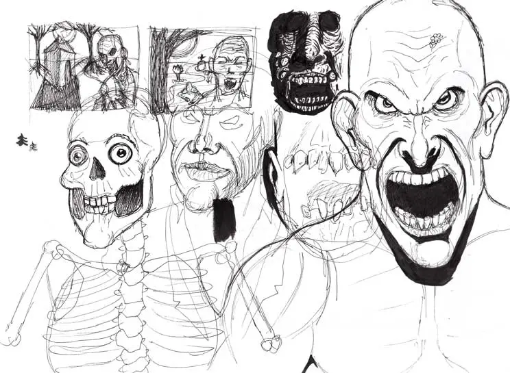 random pen and ink sketches of an angry bald man and a skeleton