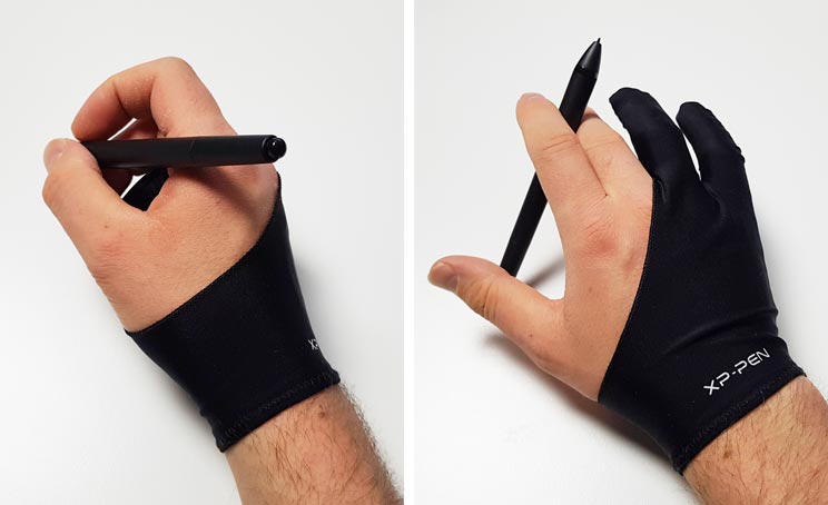 xp-pen glove with stylus in hand