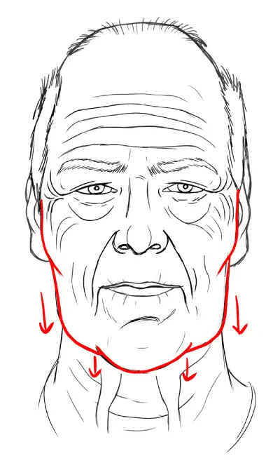 sagging chin and pronounced cheek bones, drawing of an old man