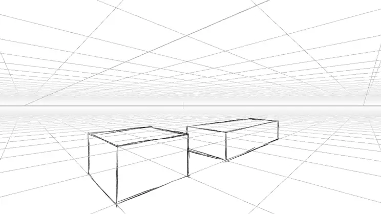 drawing of simple forms on a perspective grid