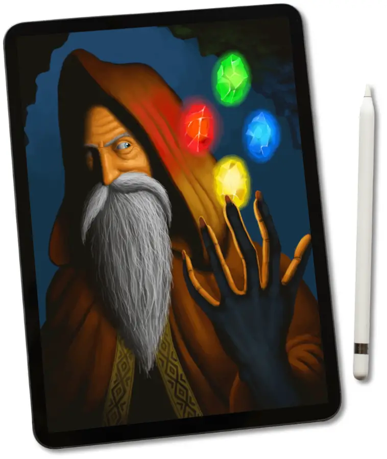 Tablet with digital painting of a mage